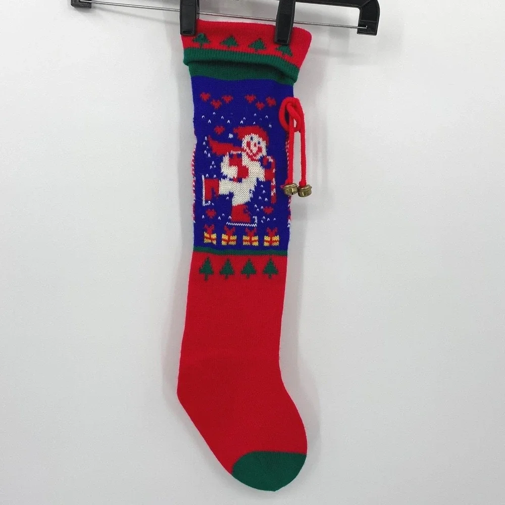 Christmas Stocking‎ Snowman Knit Red Green Blue Bells Hanging Holiday Decor VTG